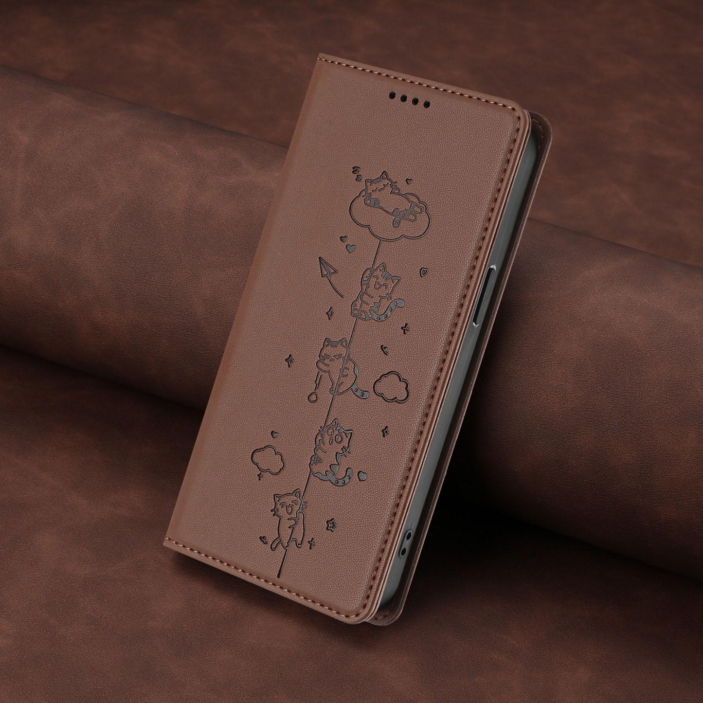 For Redmi K90 Pro Max / Xiaomi Poco F8 Ultra 5G Cute Cats Embossed Magnetic RFID Vegan Leather Phone Case(Brown)
