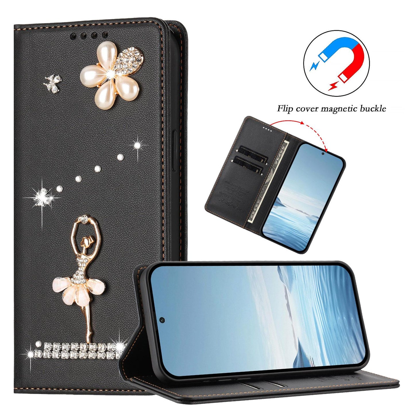 For Xiaomi Poco F8 Ultra / Redmi K90 Pro Max Ballet Girl Diamond Studded RFID Vegan Leather Phone Case(Black)