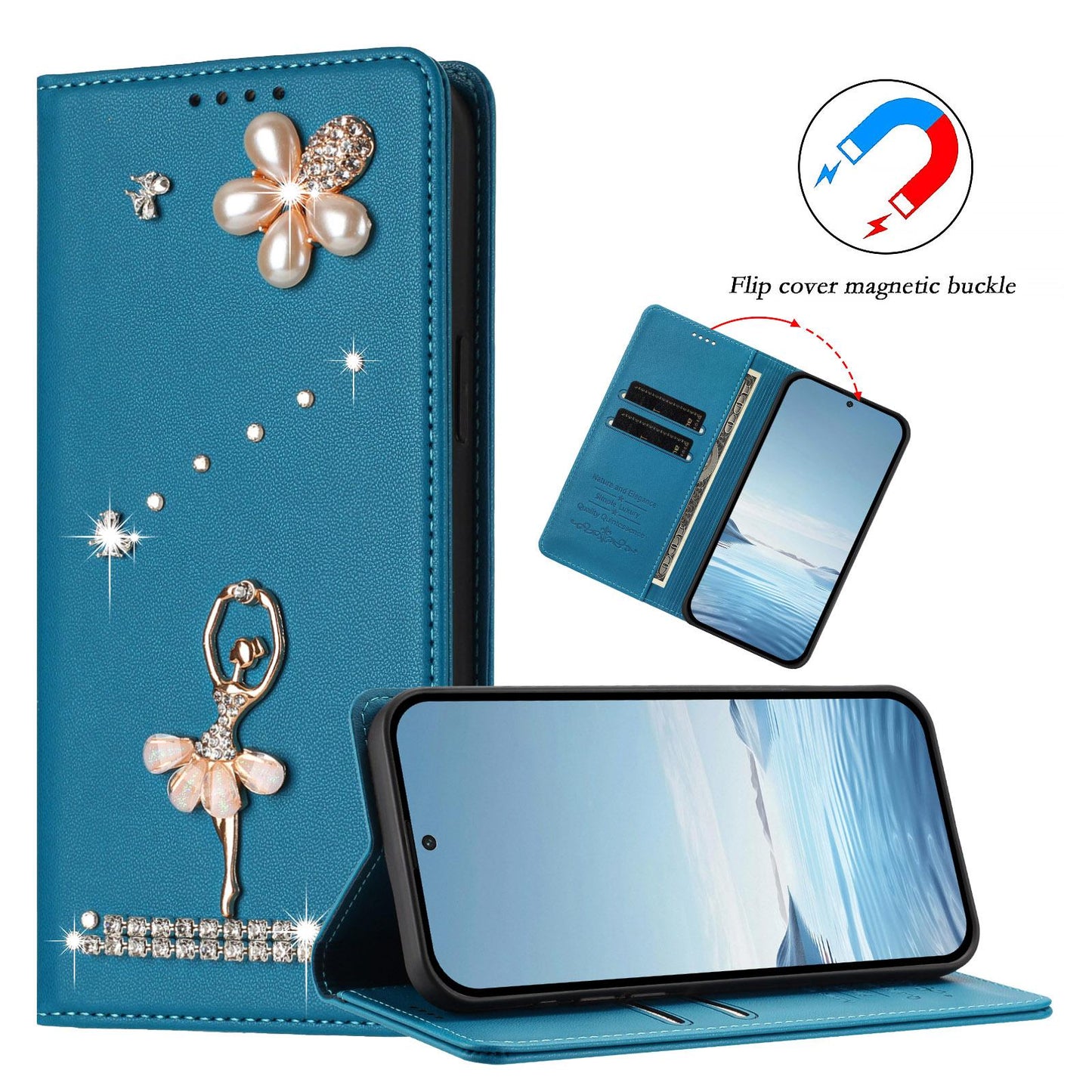 For Xiaomi Poco F8 Ultra / Redmi K90 Pro Max Ballet Girl Diamond Studded RFID Vegan Leather Phone Case(Lake Blue)