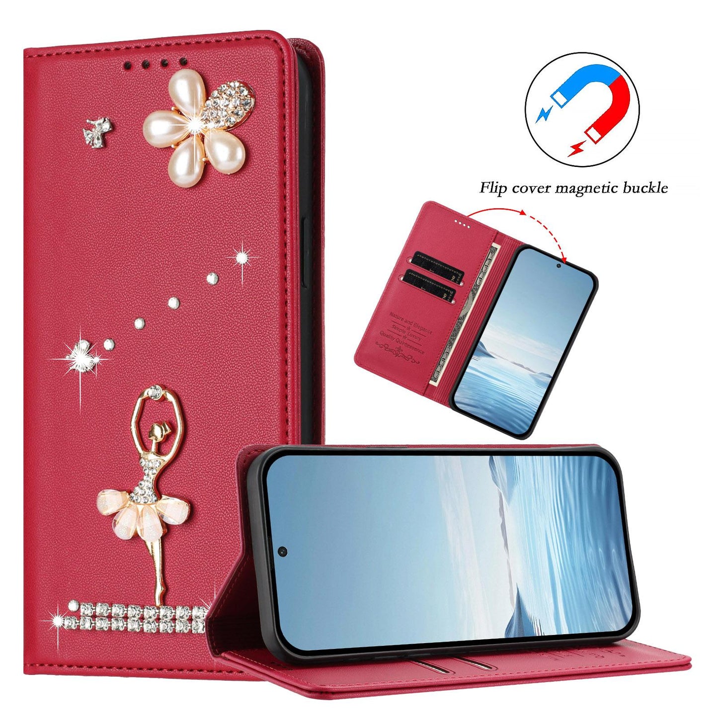 For Xiaomi Poco F8 Ultra / Redmi K90 Pro Max Ballet Girl Diamond Studded RFID Vegan Leather Phone Case(Wine Red)