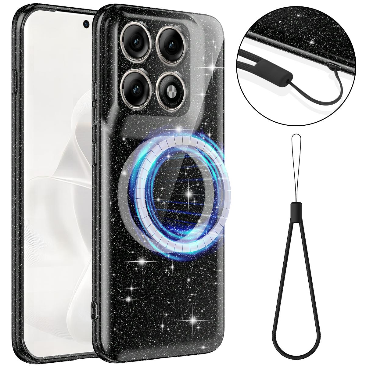 For Motorola Edge 70 Pro / 70 Pro+ Fine Hole Glossy Glitter Magnetic TPU Phone Case with Same Color Hand Strap - Black - EDA009101316B