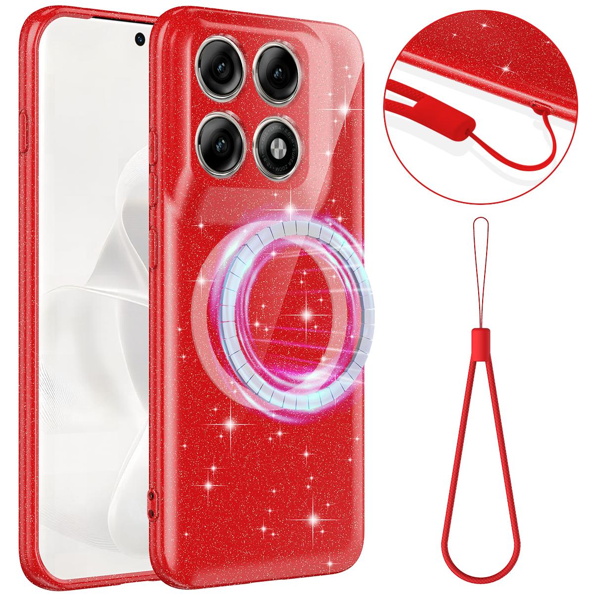 For Motorola Edge 70 Pro / 70 Pro+ Fine Hole Glossy Glitter Magnetic TPU Phone Case with Same Color Hand Strap - Red - EDA009101316C