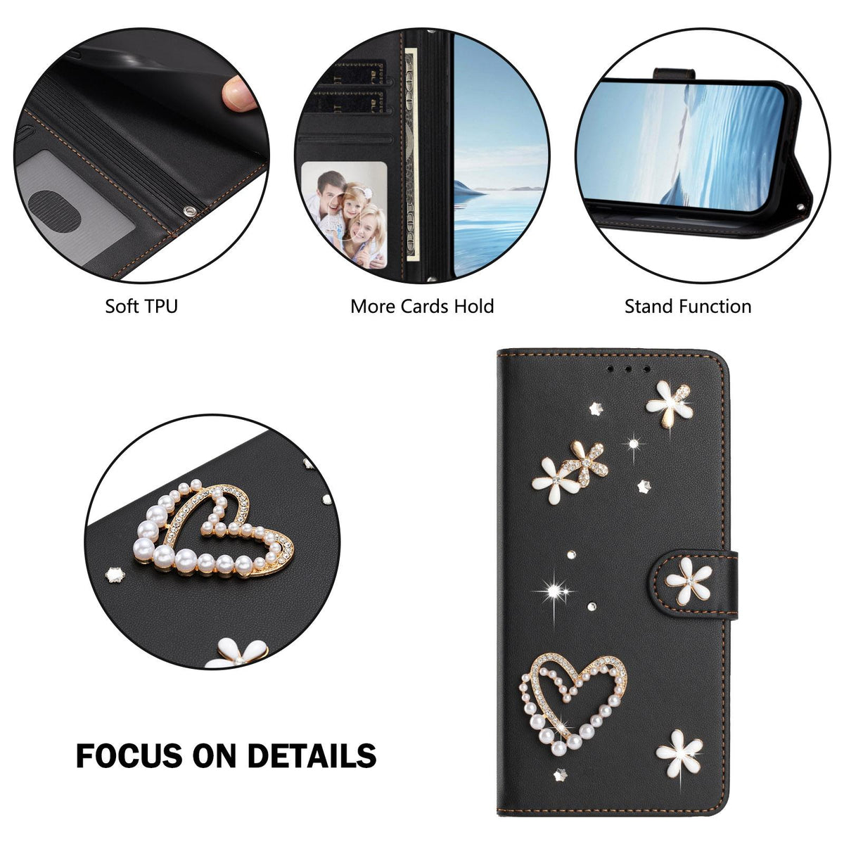 For Xiaomi Poco F8 Ultra / Redmi K90 Pro Max ZS01 Double-Layer Heart Floral Vegan Leather Phone Case with Wrist Strap(Black)