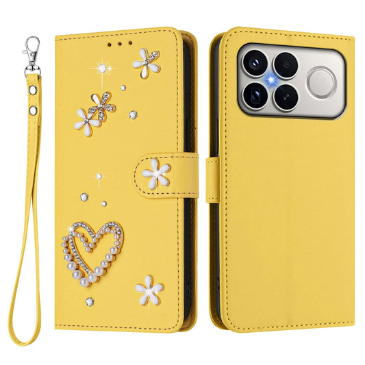 For Xiaomi Poco F8 Ultra / Redmi K90 Pro Max ZS01 Double-Layer Heart Floral Vegan Leather Phone Case with Wrist Strap(Yellow)