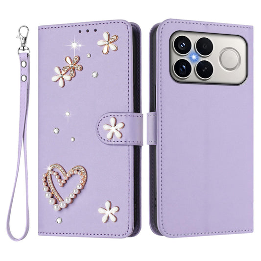 For Xiaomi Poco F8 Ultra / Redmi K90 Pro Max ZS01 Double-Layer Heart Floral Vegan Leather Phone Case with Wrist Strap(Light Purple)