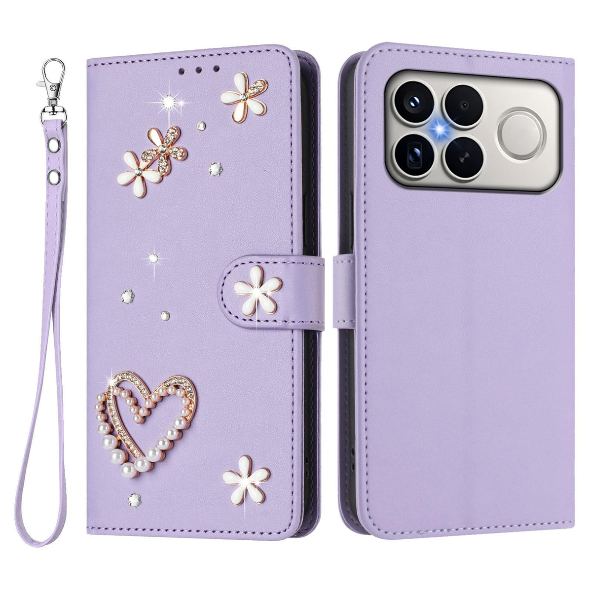 For Xiaomi Poco F8 Ultra / Redmi K90 Pro Max ZS01 Double-Layer Heart Floral Vegan Leather Phone Case with Wrist Strap(Light Purple)