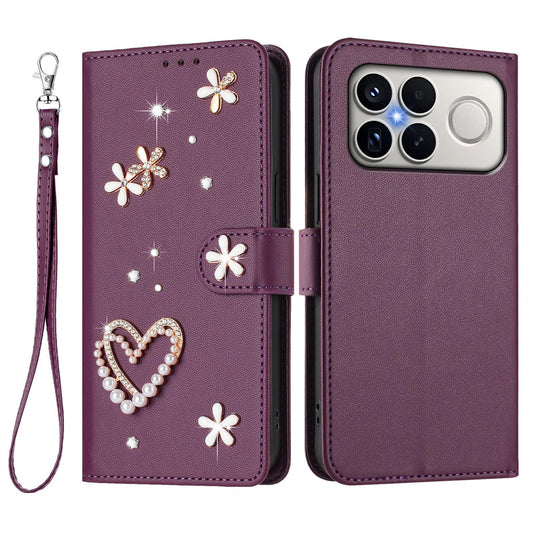 For Xiaomi Poco F8 Ultra / Redmi K90 Pro Max ZS01 Double-Layer Heart Floral Vegan Leather Phone Case with Wrist Strap(Violet)