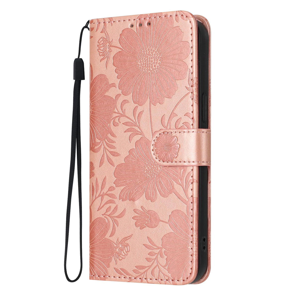 For iPhone 18 Pro Max Sunflower Embossed Vegan Leather Phone Case with Small Black Rope - Rose Gold - EDA009154125A
