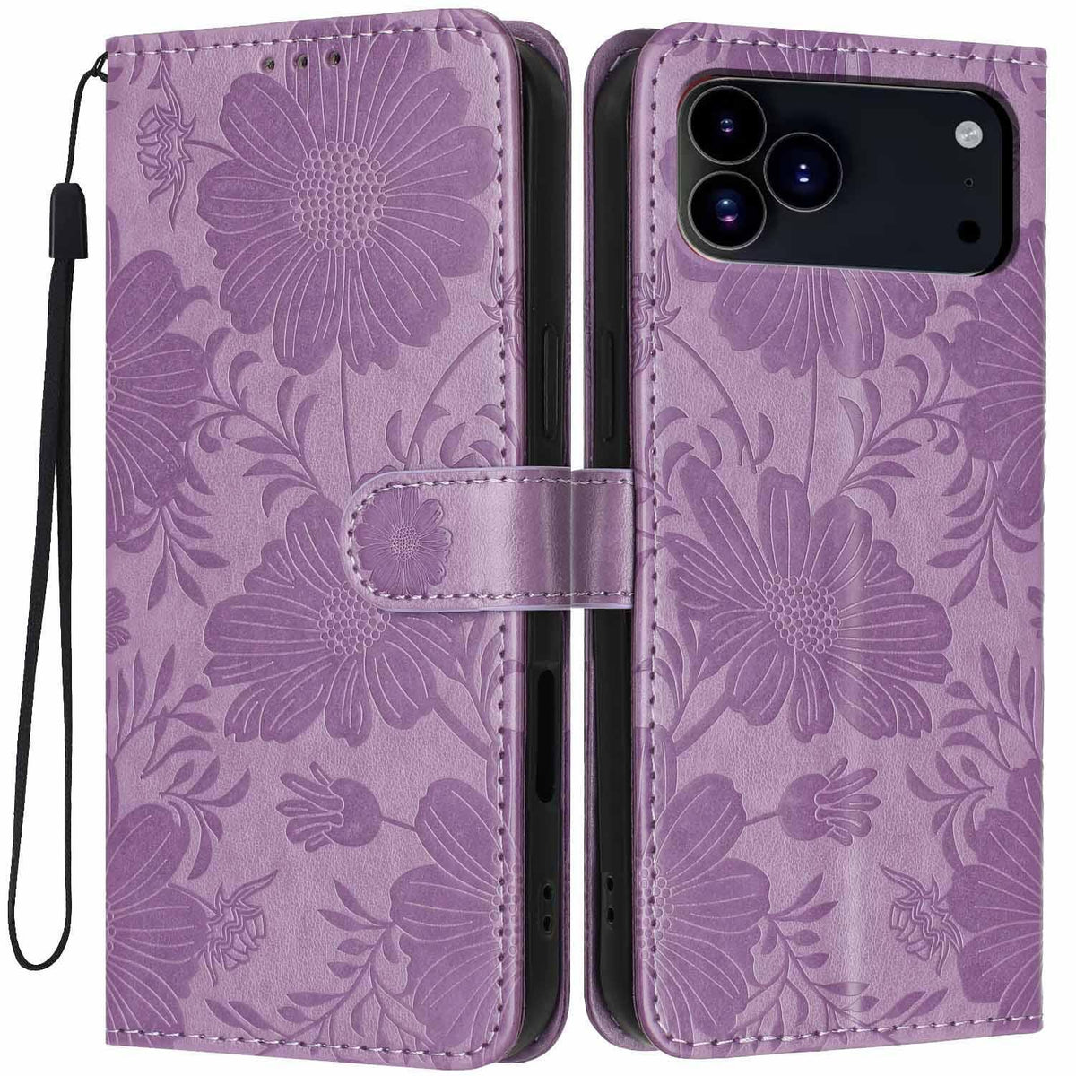 For iPhone 18 Pro Max Sunflower Embossed Vegan Leather Phone Case with Small Black Rope - Purple - EDA009154125C