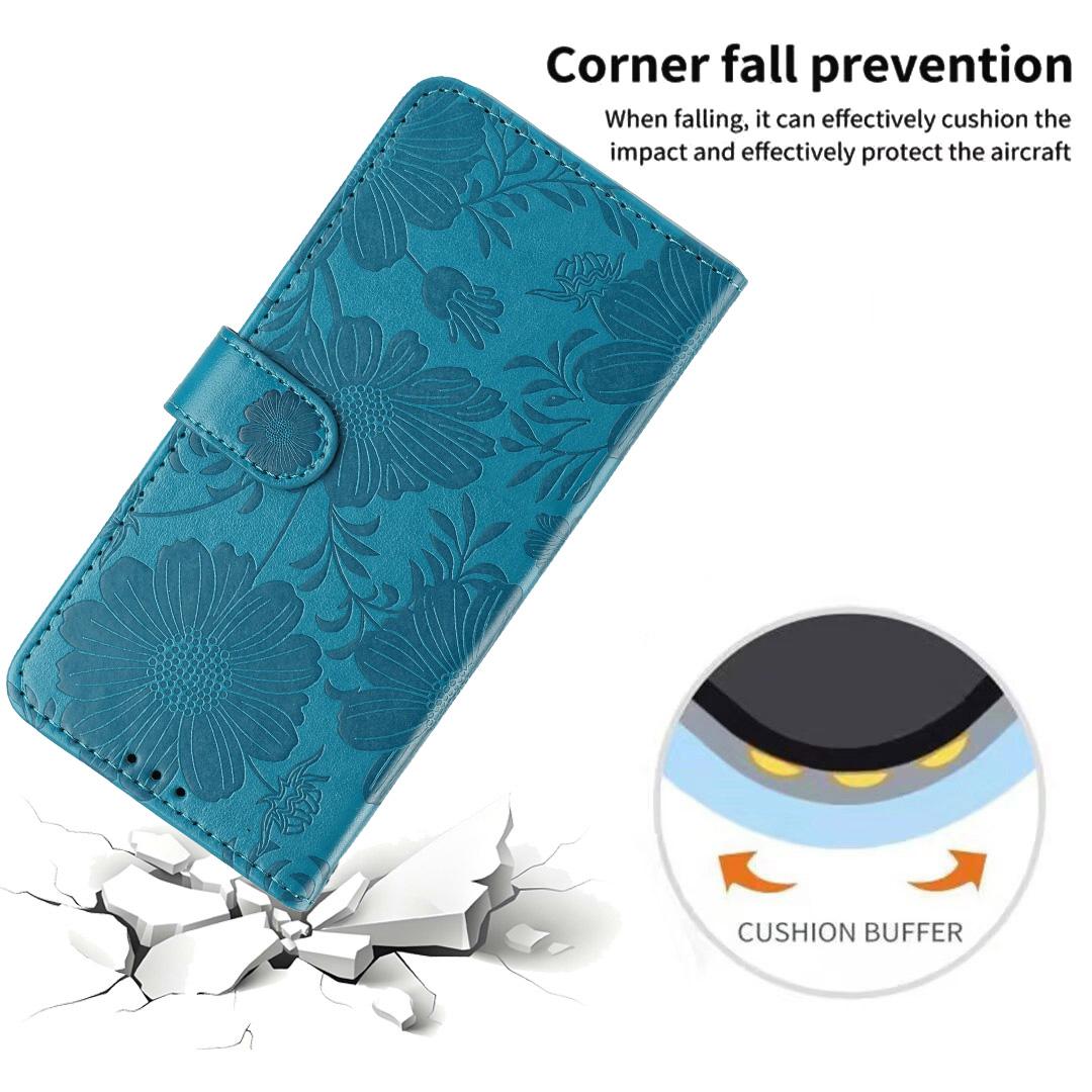 For iPhone 18 Pro Max Sunflower Embossed Vegan Leather Phone Case with Small Black Rope - Blue - EDA009154125D