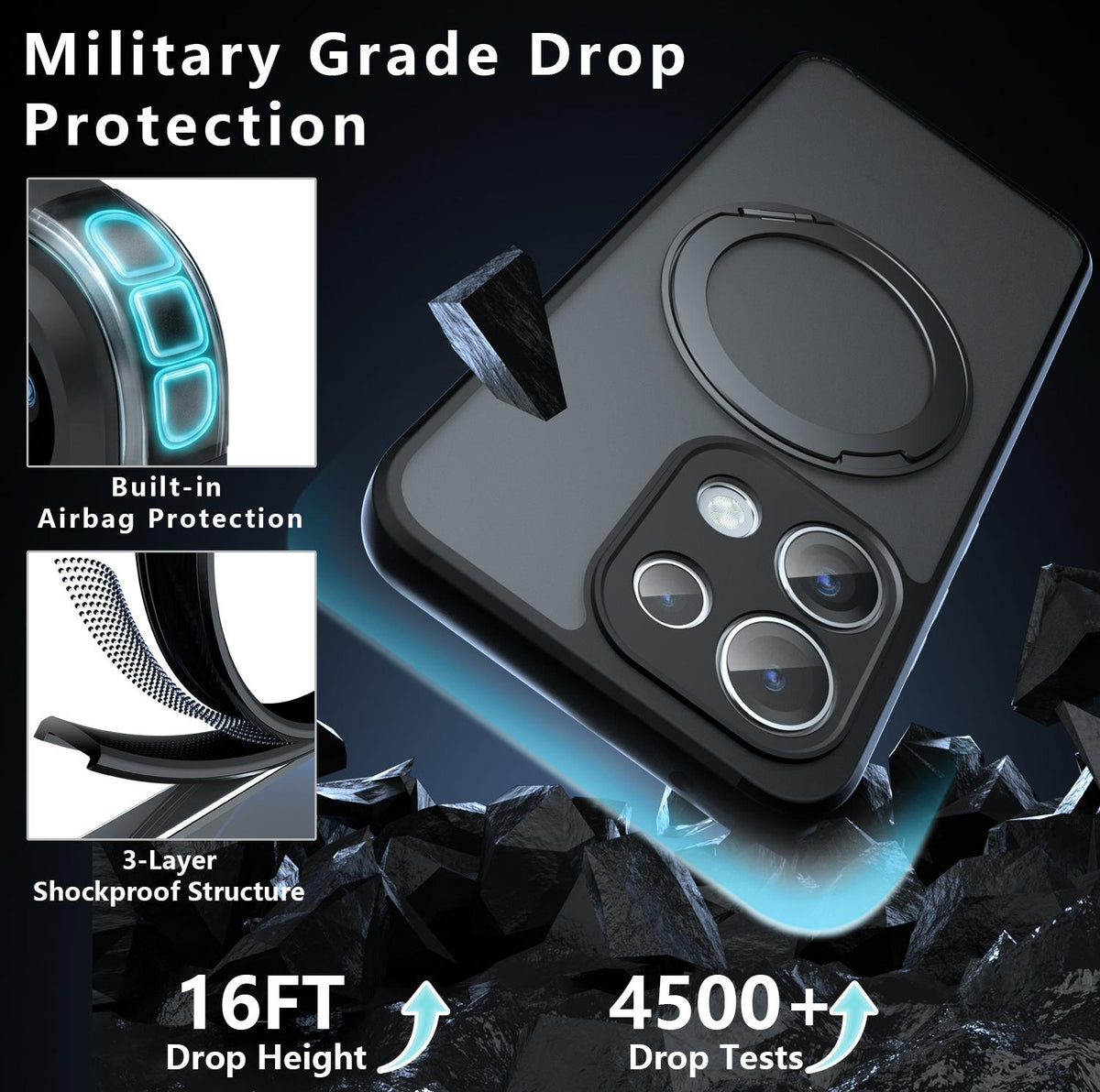 For OPPO Reno16 F / 16 FS / Reno16c Armor Magnetic Holder PC Hybrid TPU Phone Case - Frosted Black - EDA009300806A