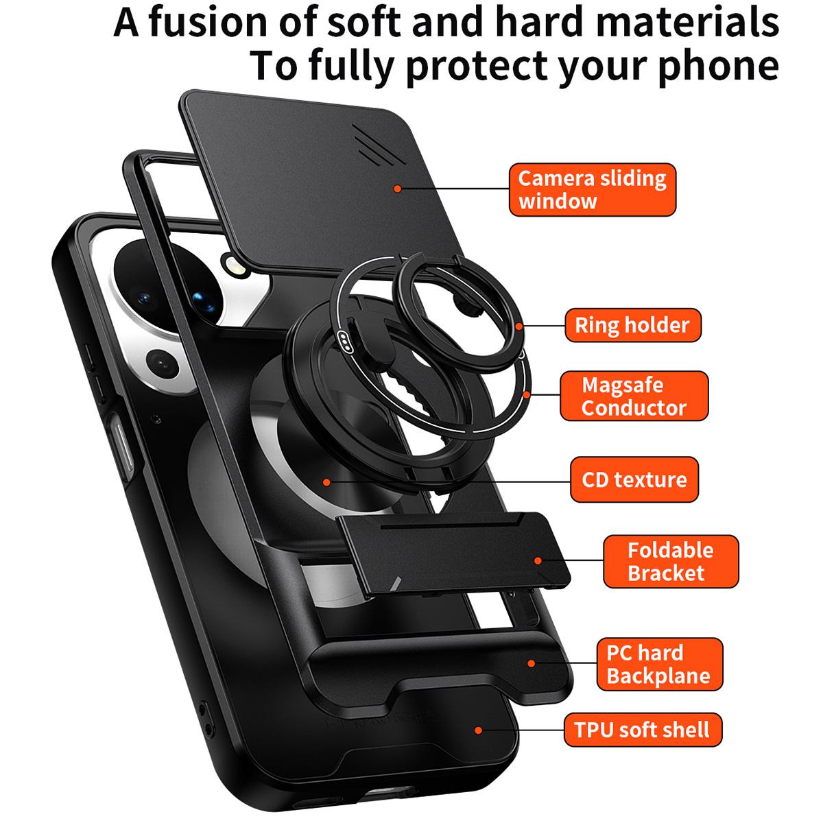For Huawei Pura 90 5G Lens Sliding Window Multifunctional Magnetic Shockproof Phone Case - Orange - EDA009360104E