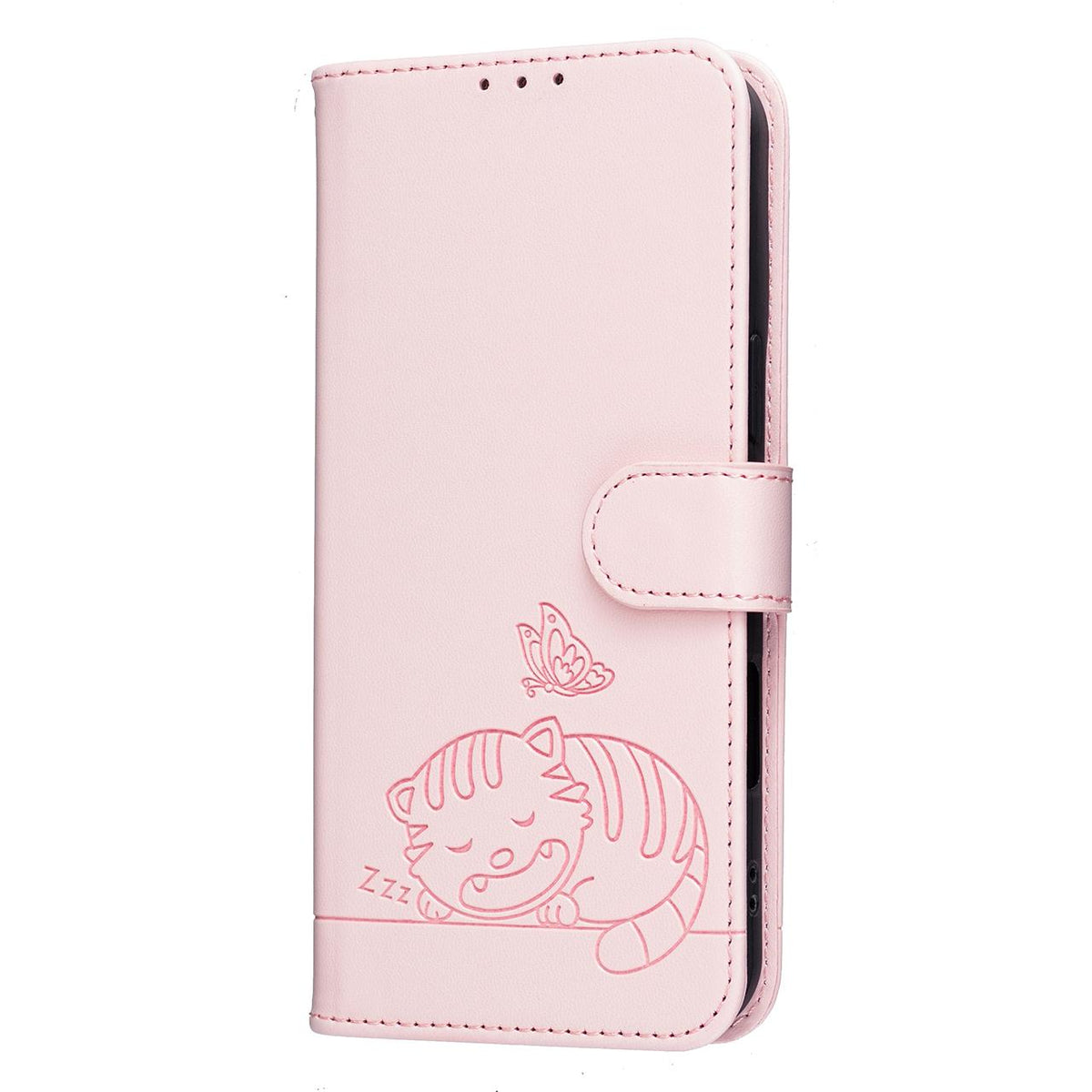 For Redmi K90 ProMax / Poco F8 Ultra Cat Butterfly Embossed RFID Vegan Leather Phone Case with Strap(Pink)