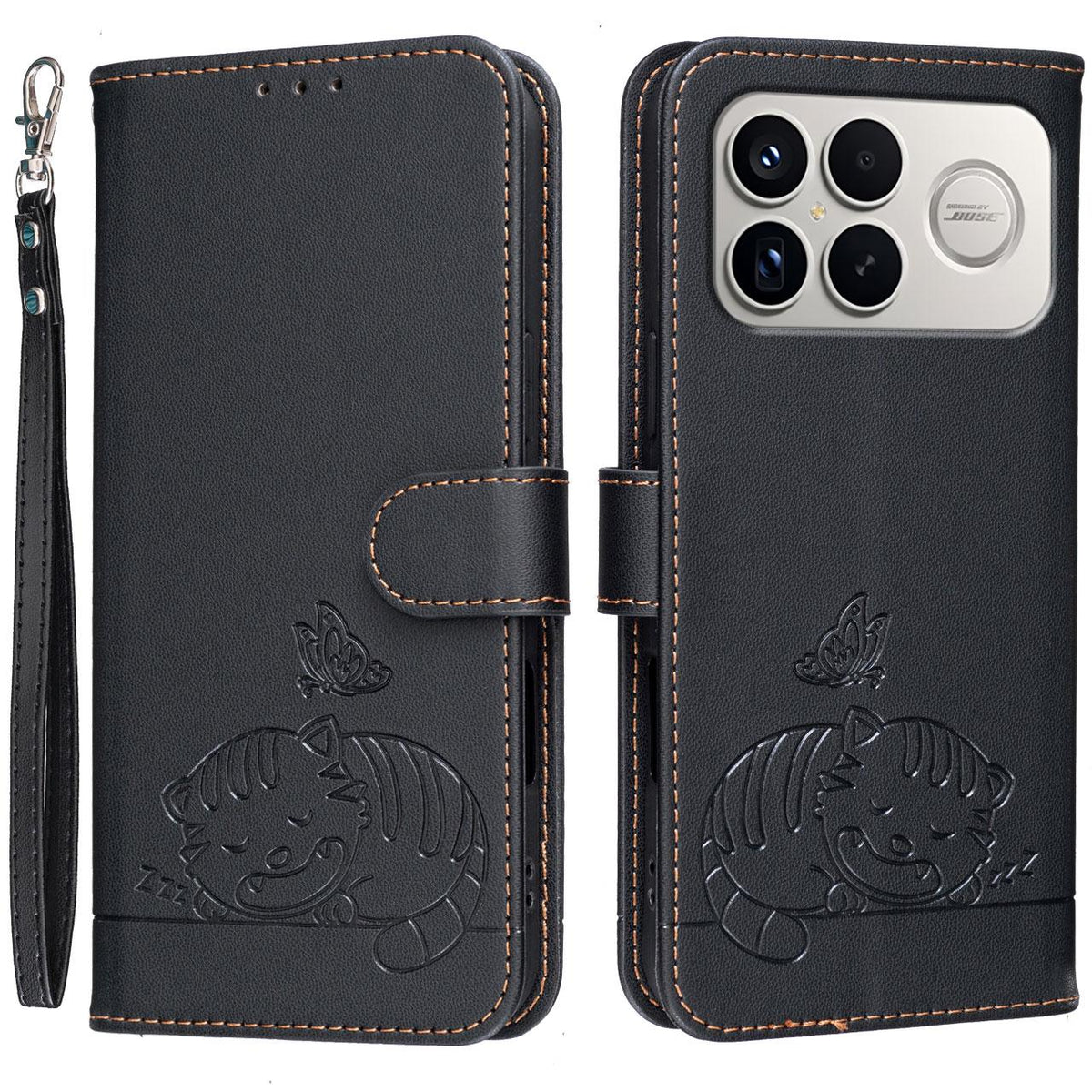For Redmi K90 ProMax / Poco F8 Ultra Cat Butterfly Embossed RFID Vegan Leather Phone Case with Strap(Black)