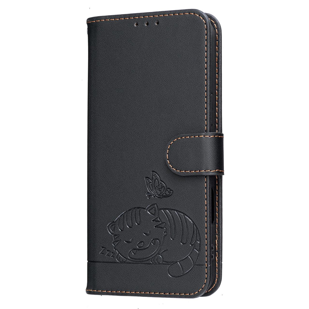 For Redmi K90 ProMax / Poco F8 Ultra Cat Butterfly Embossed RFID Vegan Leather Phone Case with Strap(Black)