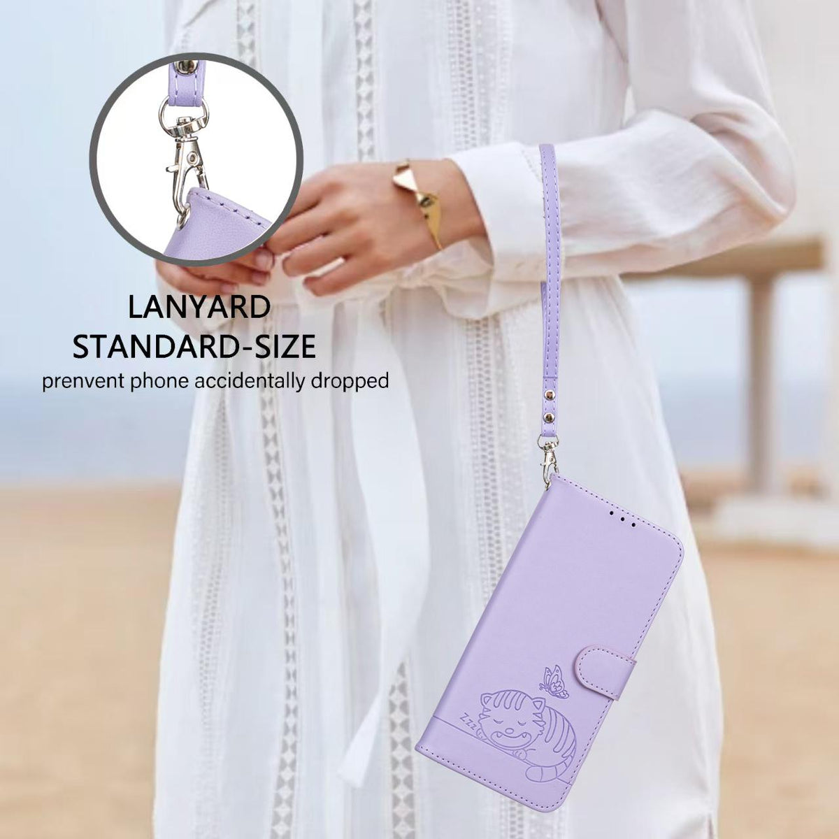 For Redmi K90 ProMax / Poco F8 Ultra Cat Butterfly Embossed RFID Vegan Leather Phone Case with Strap(Light Purple)