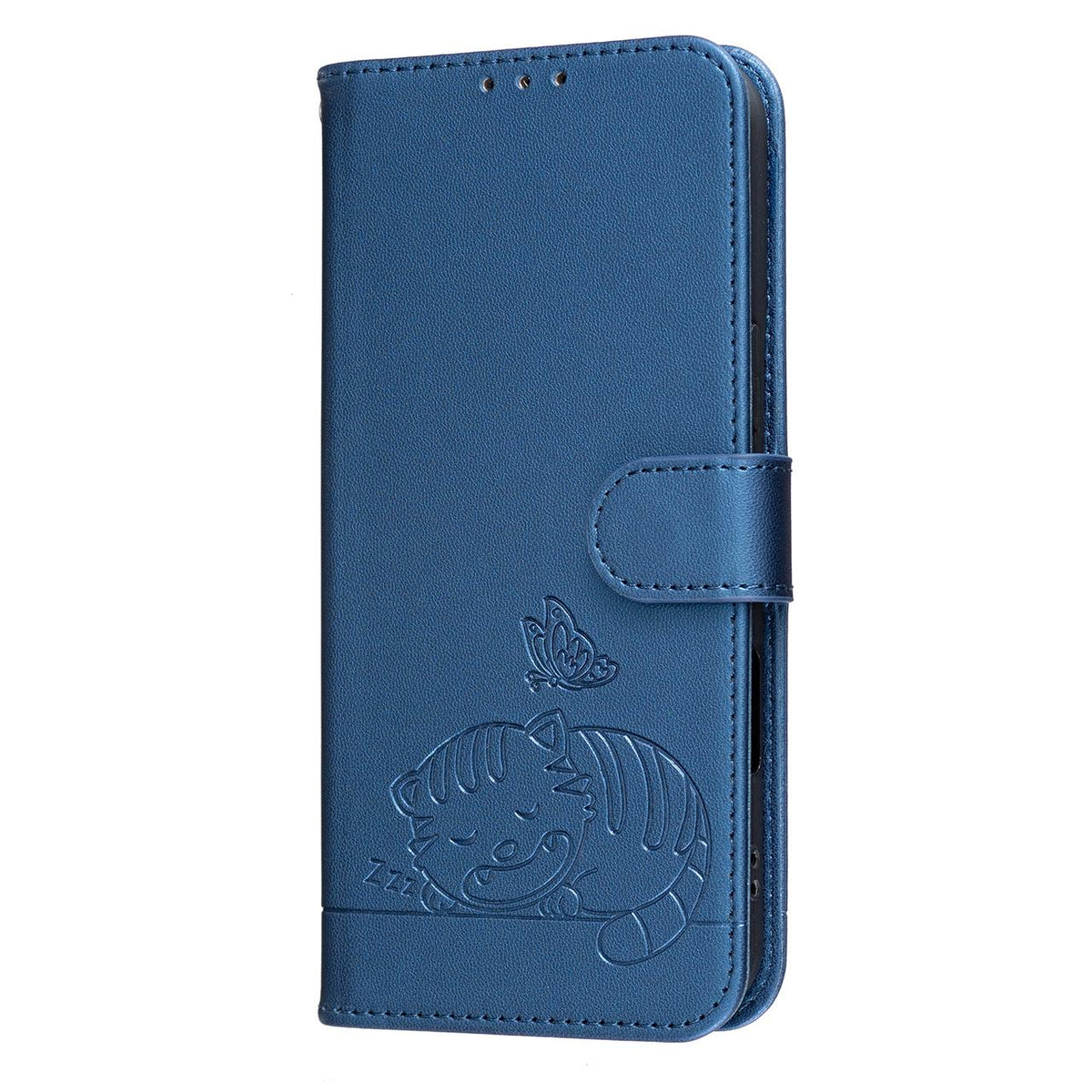 For Redmi K90 ProMax / Poco F8 Ultra Cat Butterfly Embossed RFID Vegan Leather Phone Case with Strap(Dark Blue)