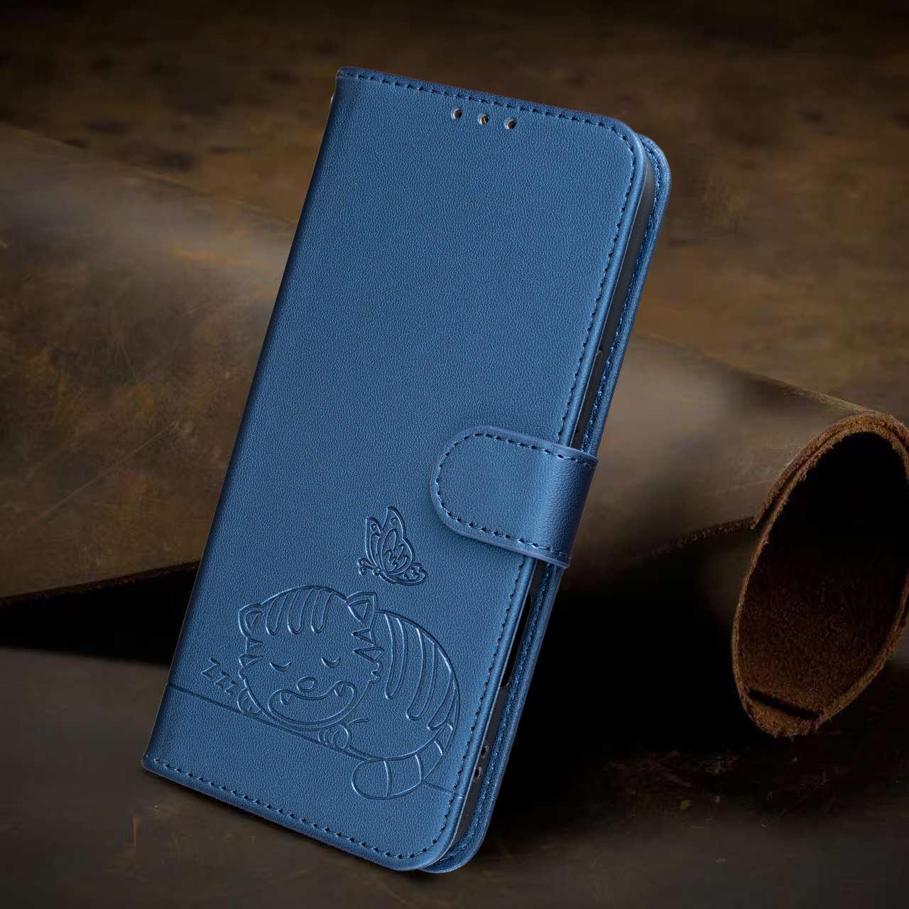 For Redmi K90 ProMax / Poco F8 Ultra Cat Butterfly Embossed RFID Vegan Leather Phone Case with Strap(Dark Blue)