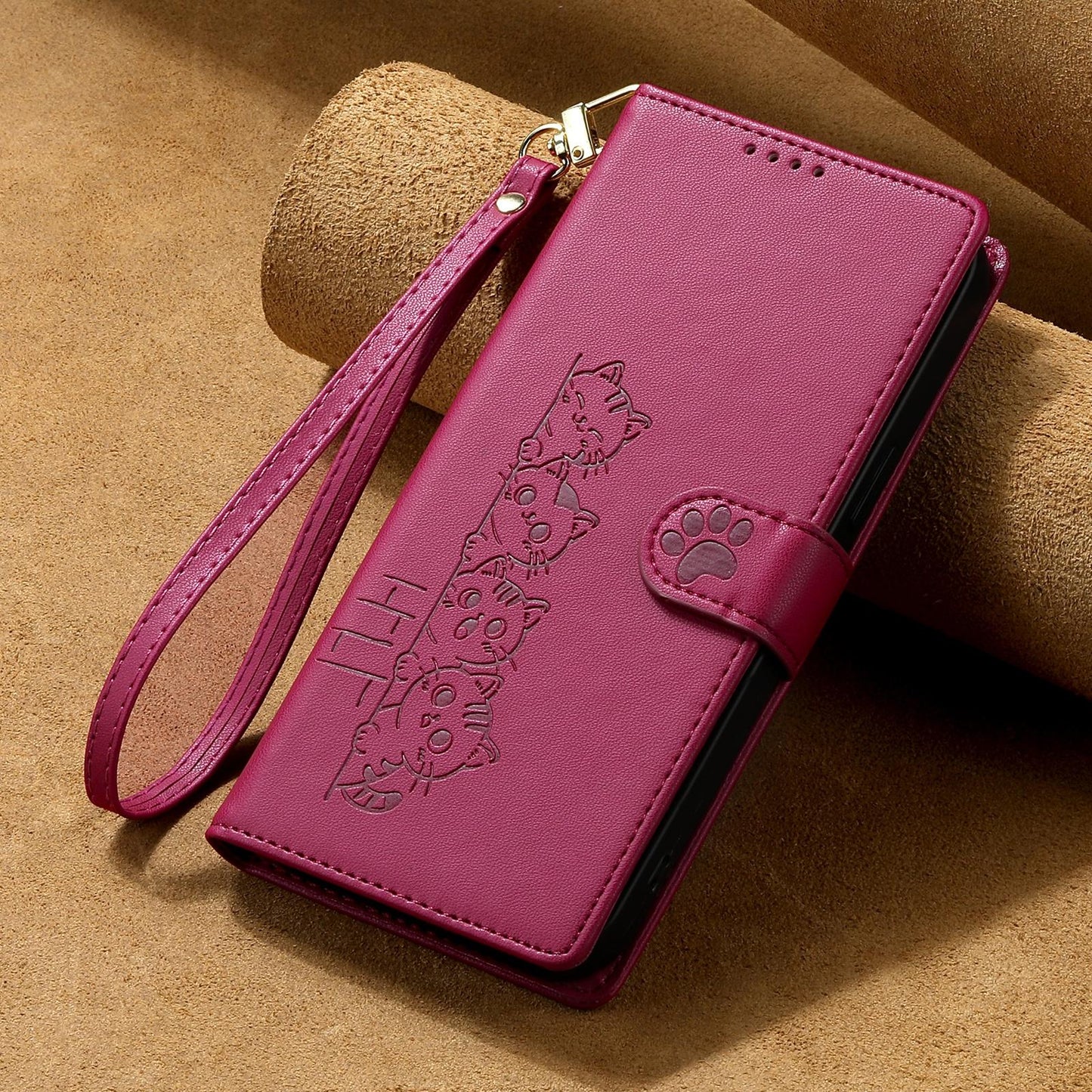 For Xiaomi Poco F8 Ultra / Redmi K90 Pro Max Cute Cats Magnetic Closure Vegan Leather Phone Case with Strap(Rose Red)