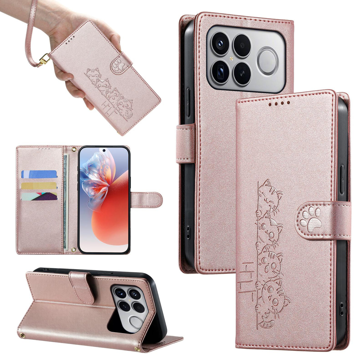 For Xiaomi Poco F8 Ultra / Redmi K90 Pro Max Cute Cats Magnetic Closure Vegan Leather Phone Case with Strap(Rose Gold)
