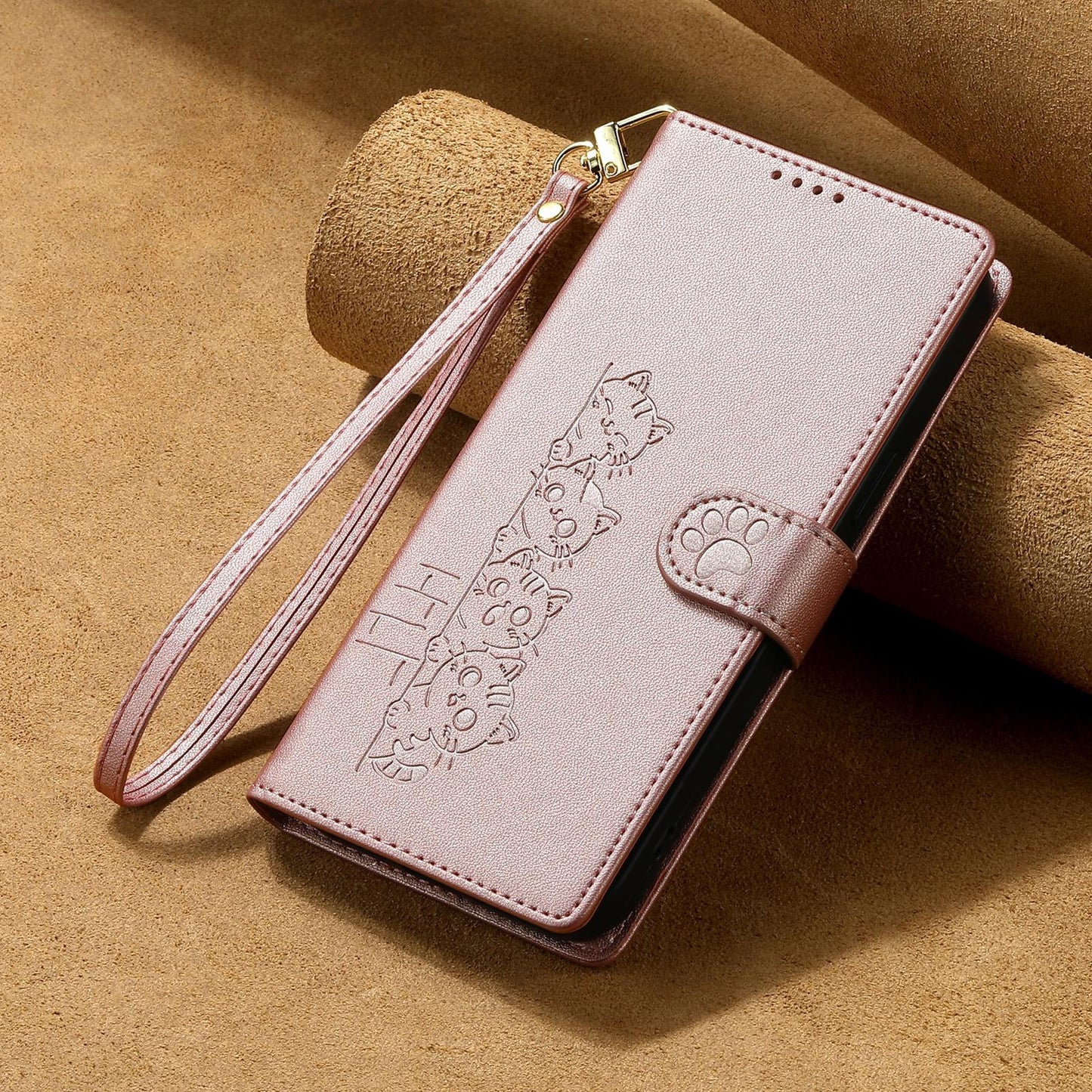 For Xiaomi Poco F8 Ultra / Redmi K90 Pro Max Cute Cats Magnetic Closure Vegan Leather Phone Case with Strap(Rose Gold)