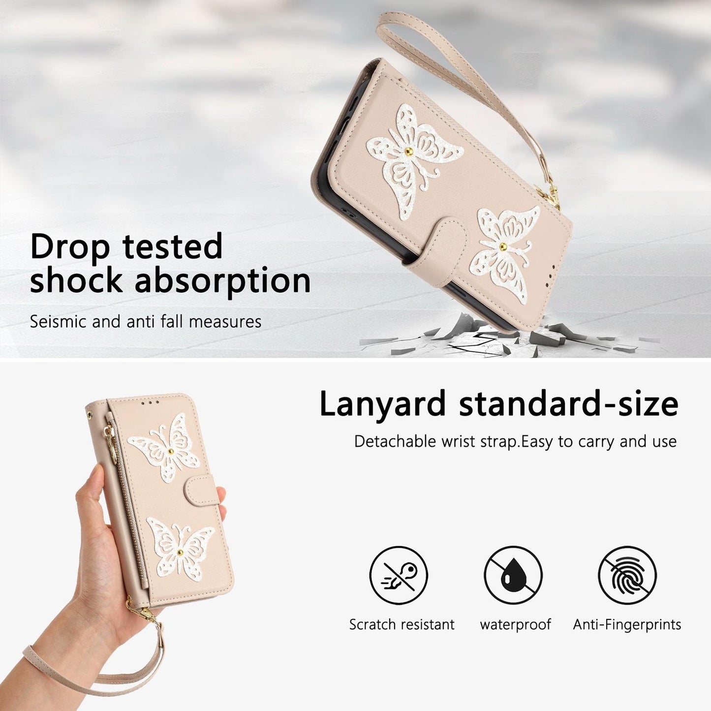 For Redmi K90 Pro Max / Poco F8 Ultra Glitter Butterfly Zipper Vegan Leather Phone Case with Wrist Strap(Apricot)
