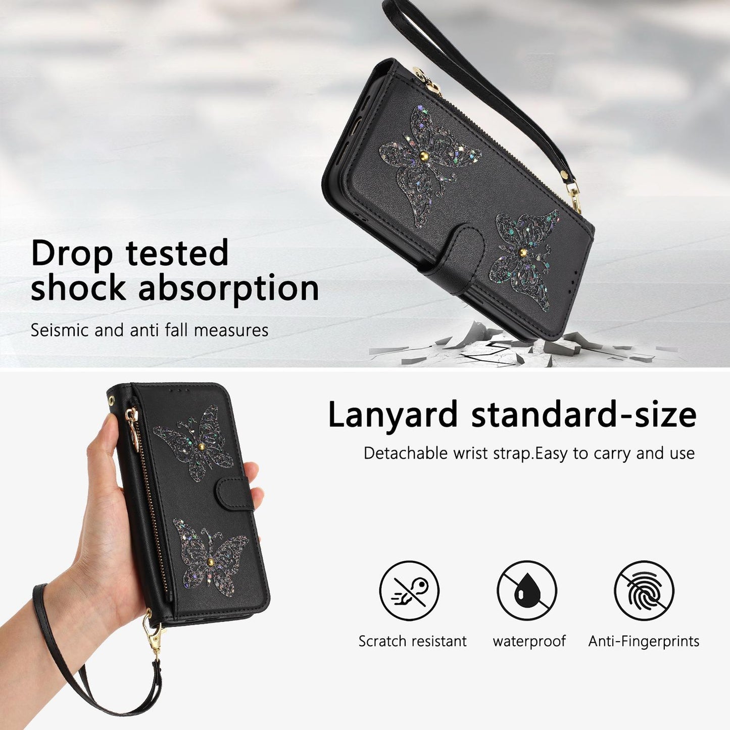 For Redmi K90 Pro Max / Poco F8 Ultra Glitter Butterfly Zipper Vegan Leather Phone Case with Wrist Strap(Black)