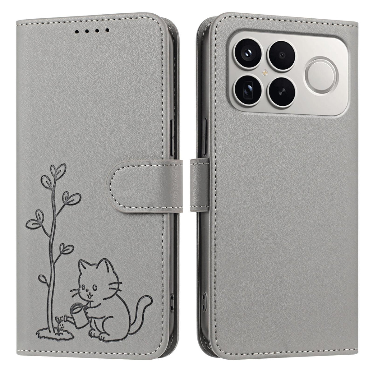 For Xiaomi Poco F8 Ultra 5G / Redmi K90 Pro Max YX0014 Cat Watering Tree Buckle Vegan Leather Phone Case with Lanyard(Grey)