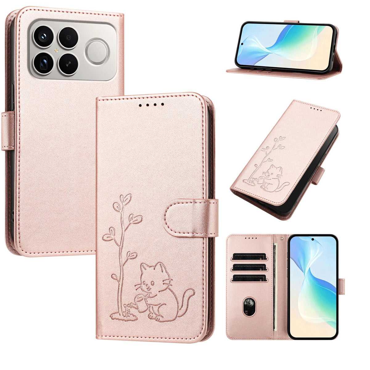 For Xiaomi Poco F8 Ultra 5G / Redmi K90 Pro Max YX0014 Cat Watering Tree Buckle Vegan Leather Phone Case with Lanyard(Rose Gold)