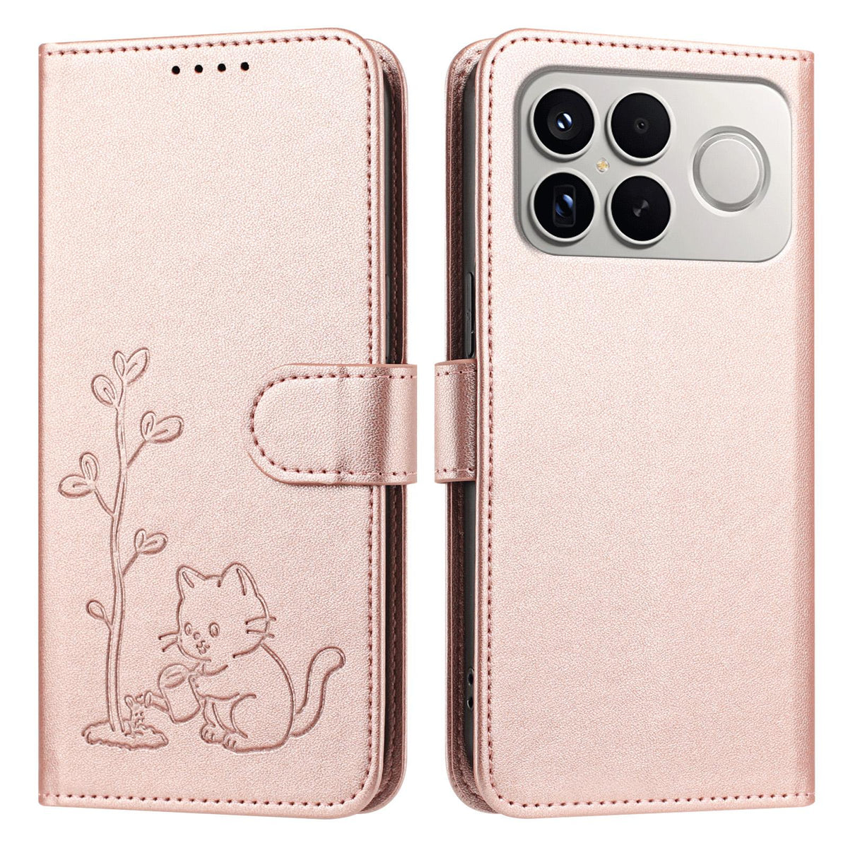 For Xiaomi Poco F8 Ultra 5G / Redmi K90 Pro Max YX0014 Cat Watering Tree Buckle Vegan Leather Phone Case with Lanyard(Rose Gold)