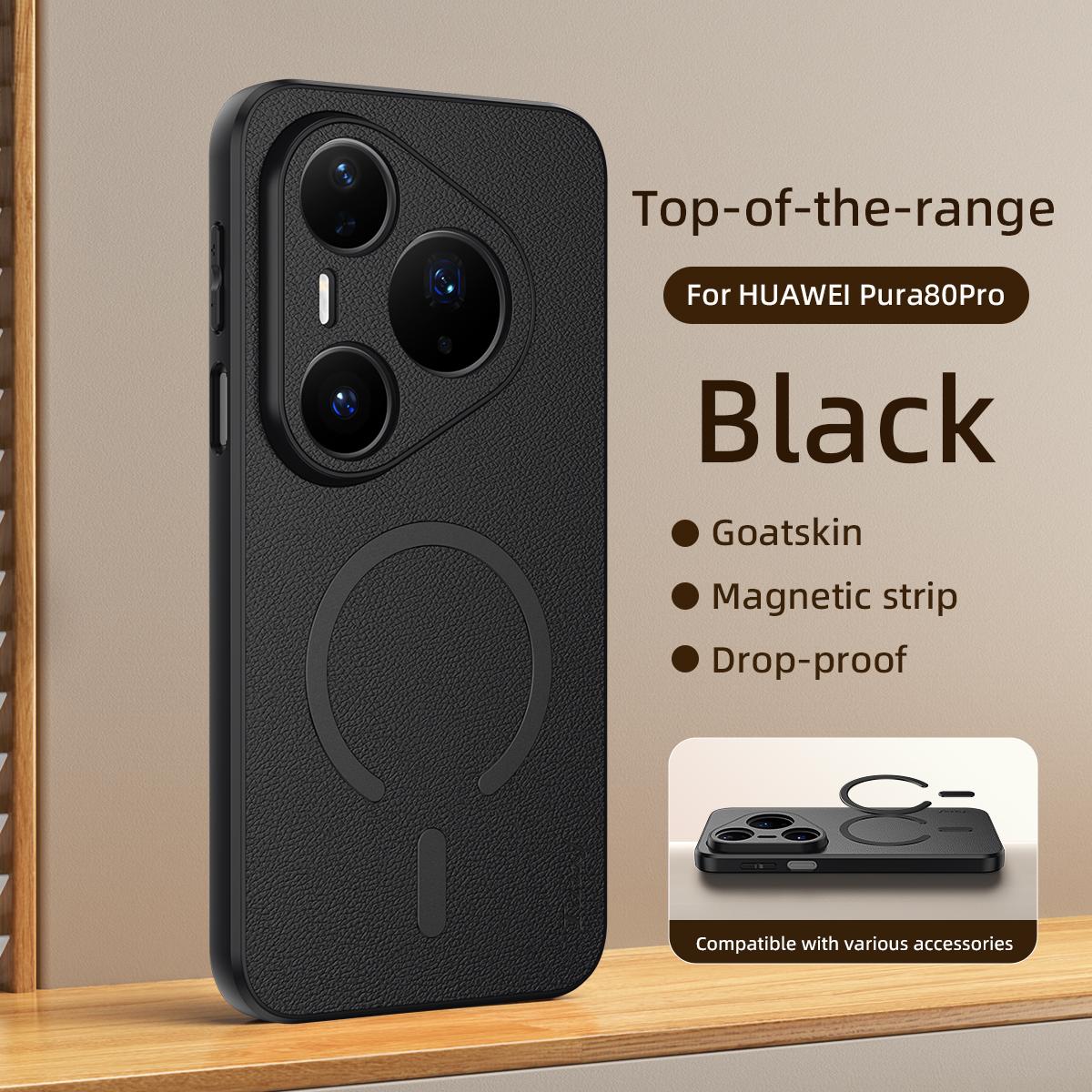 For Huawei Pura 80 Pro 5G Goatskin Vegan Leather Magnetic Phone Case - Black - EDA009667904B