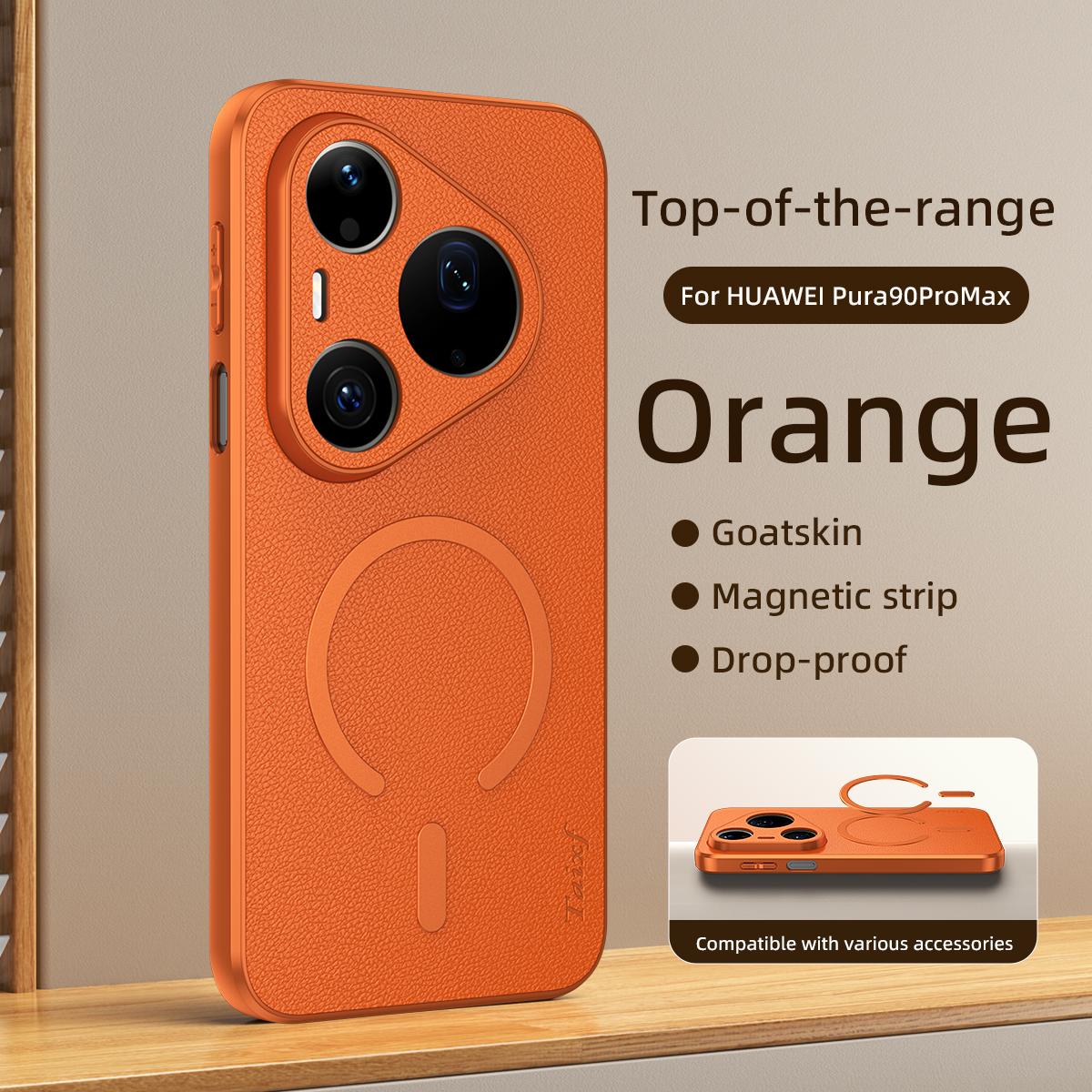For Huawei Pura 90 Pro Max 5G Goatskin Vegan Leather Magnetic Phone Case - Orange - EDA009667914A