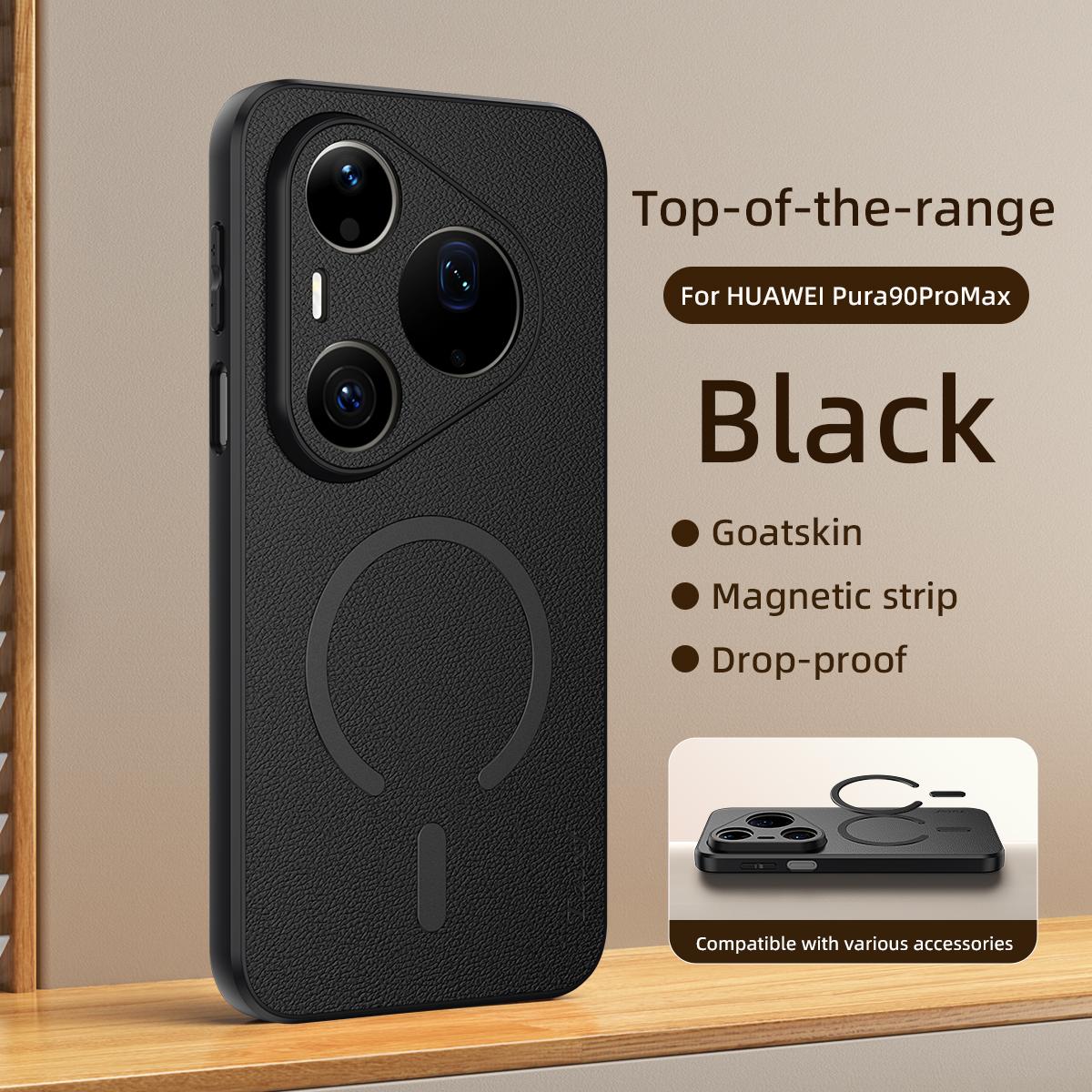 For Huawei Pura 90 Pro Max 5G Goatskin Vegan Leather Magnetic Phone Case - Black - EDA009667914B