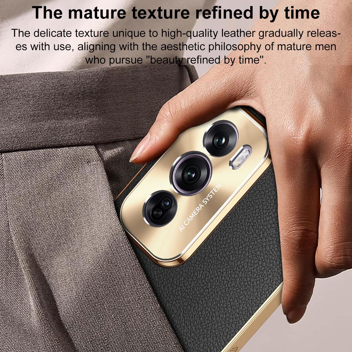 For OPPO Reno12 Pro Global Electroplated Frame Litchi Texture PC + TPU Vegan Leather Phone Case - Brown - EDA009677013E