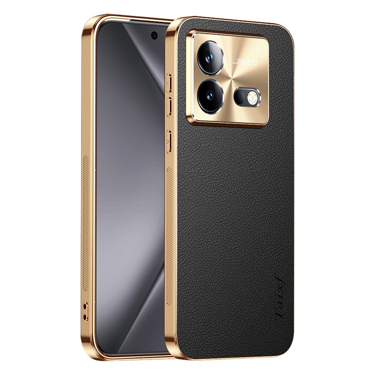 For vivo iQOO Neo8 Pro Electroplated Frame Litchi Texture PC + TPU Vegan Leather Phone Case - Black - EDA009677408A