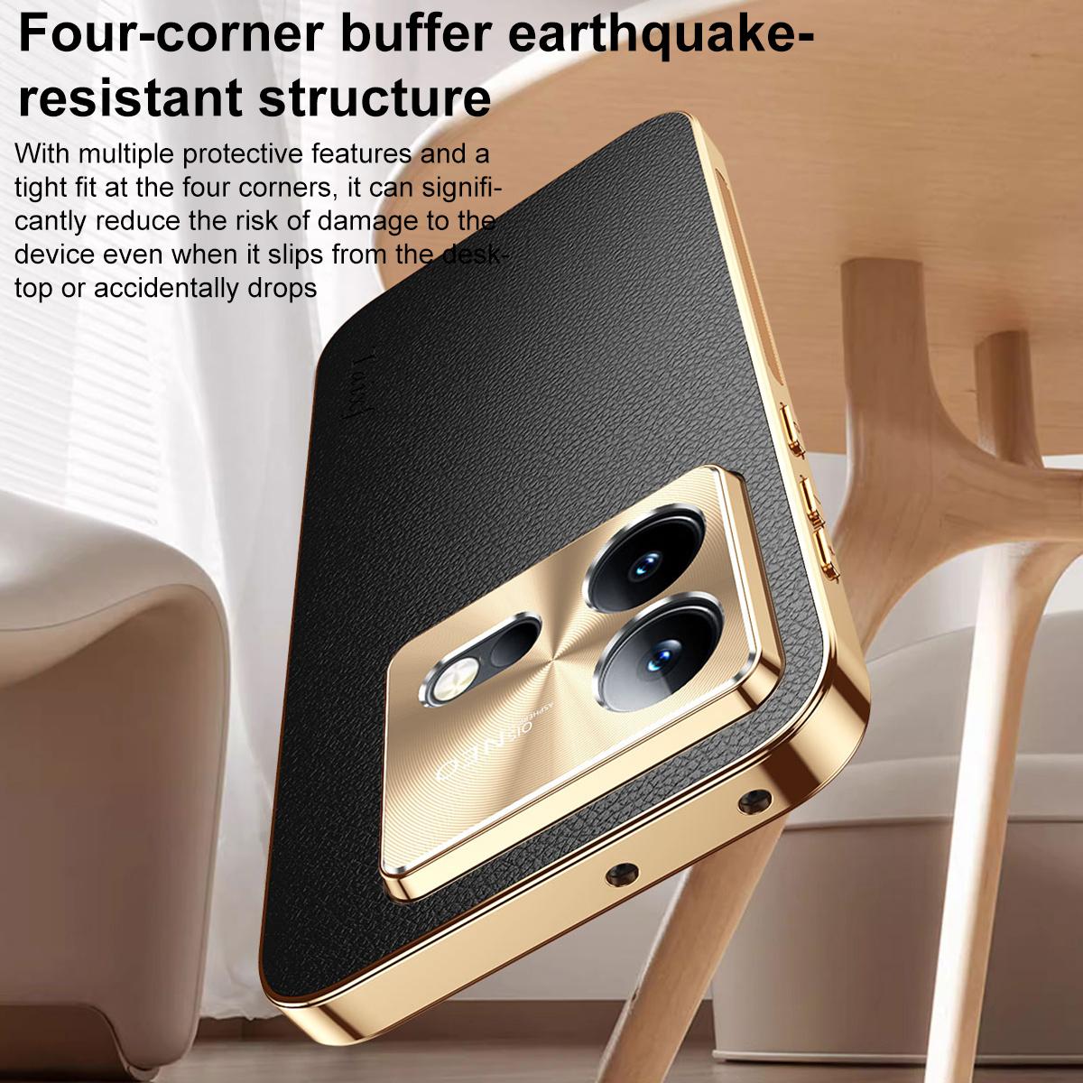 For vivo iQOO Neo8 Pro Electroplated Frame Litchi Texture PC + TPU Vegan Leather Phone Case - Orange - EDA009677408B