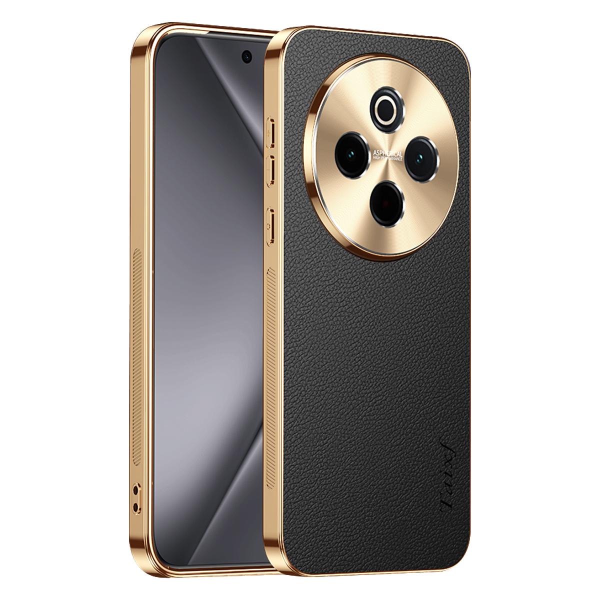 For vivo Y300 Pro Electroplated Frame Litchi Texture PC + TPU Vegan Leather Phone Case - Black - EDA009677424A