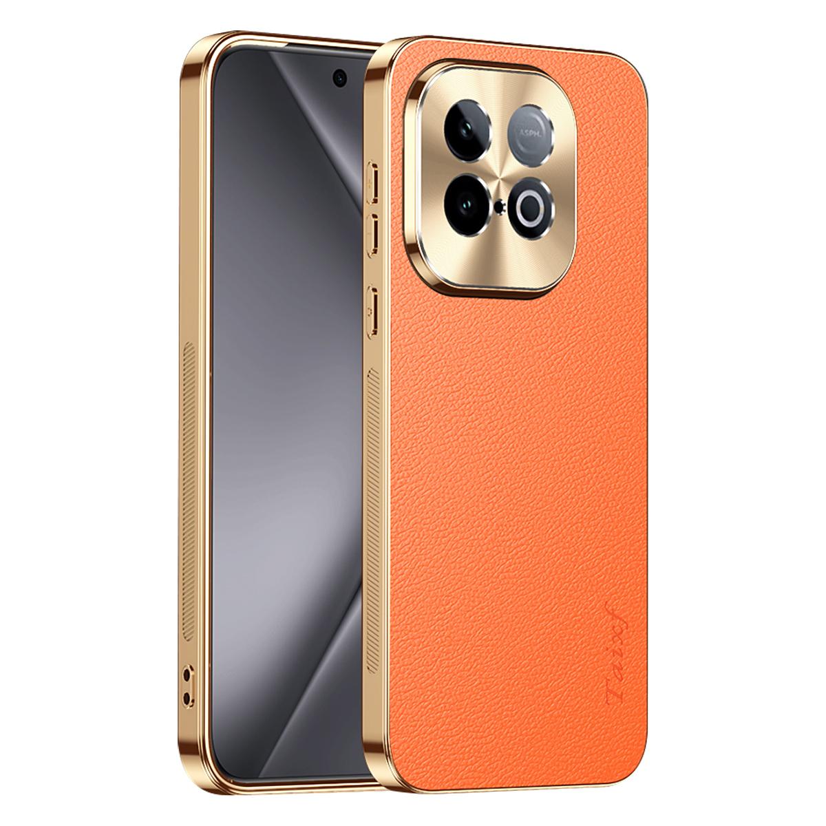 For vivo iQOO Z10 Turbo Pro Electroplated Frame Litchi Texture PC + TPU Vegan Leather Phone Case - Orange - EDA009677501B