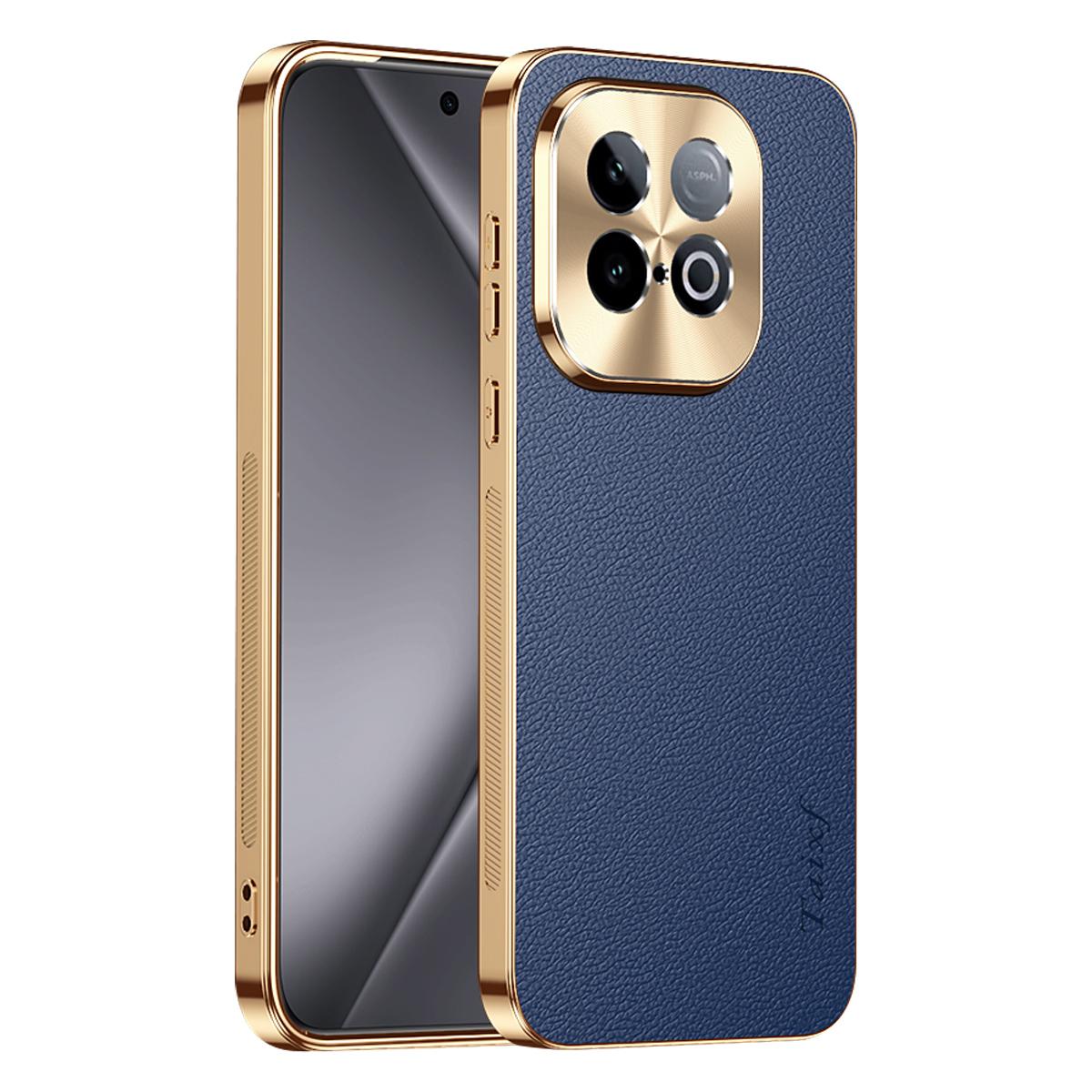For vivo iQOO Z10 Turbo Pro Electroplated Frame Litchi Texture PC + TPU Vegan Leather Phone Case - Blue - EDA009677501C