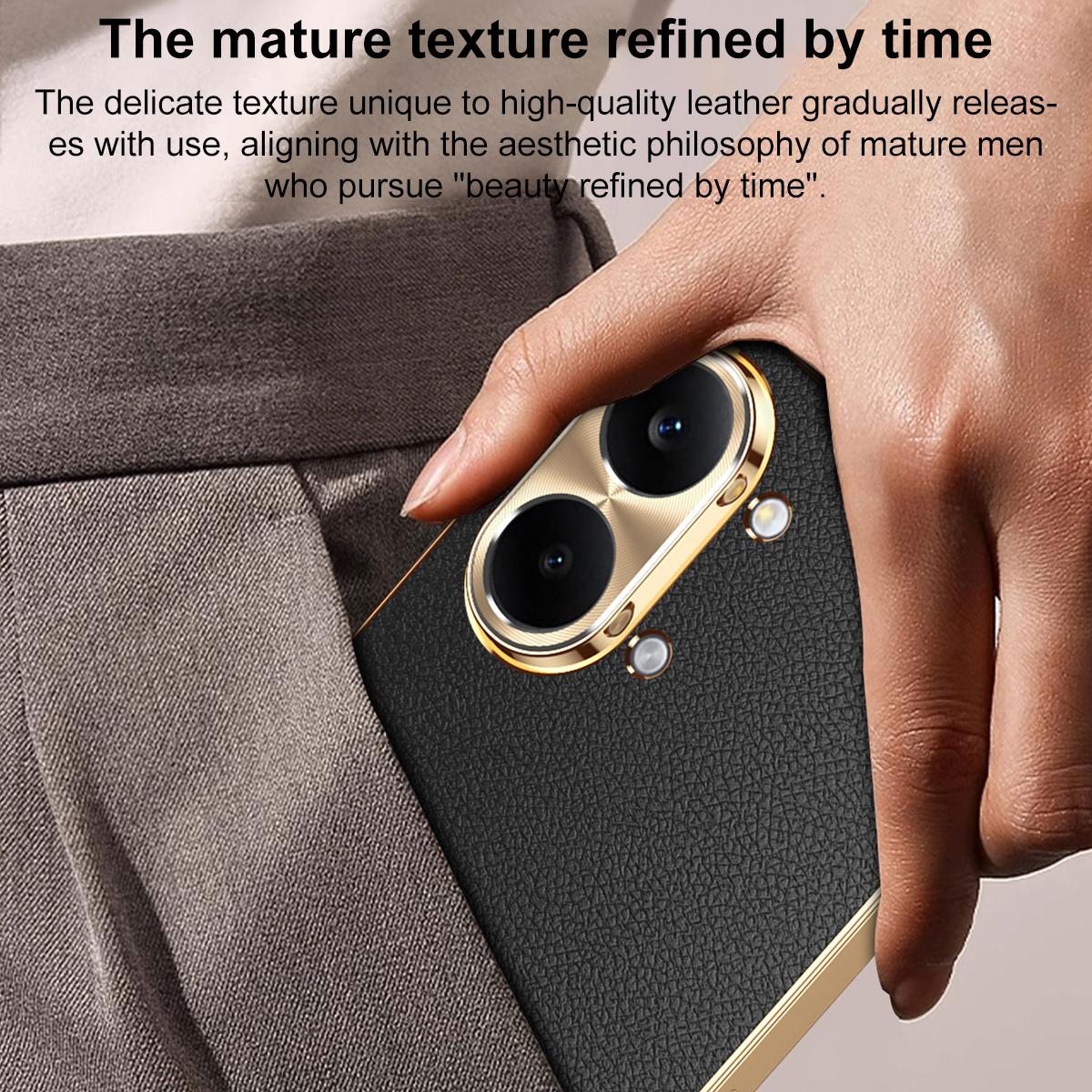 For Redmi Turbo 5 Max Electroplated Frame Litchi Texture PC + TPU Vegan Leather Phone Case - Black - EDA009678204A