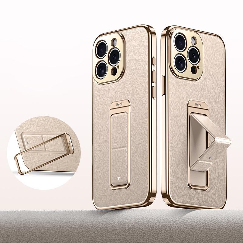For iPhone 15 Pro Metal Holder Foldable Wristband Precise Cutout Vegan Leather Phone Case - Titanium Gold - EDA009680705C