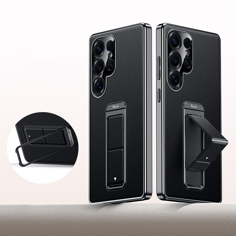 For Galaxy S25 Ultra 5G Metal Holder Foldable Wristband Precise Cutout Vegan Leather Phone Case - Black - EDA009680903A