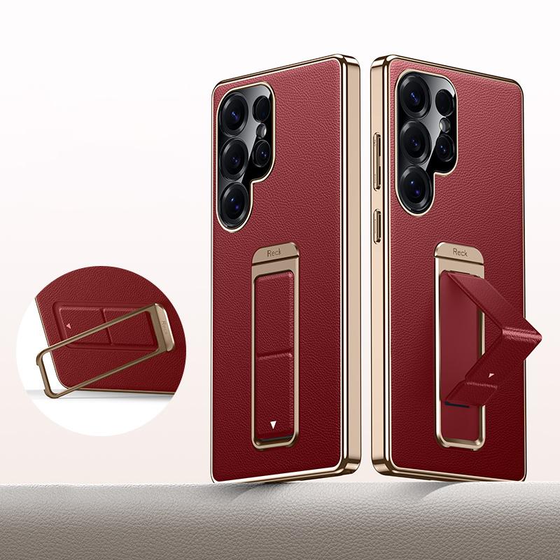 For Galaxy S25 Ultra 5G Metal Holder Foldable Wristband Precise Cutout Vegan Leather Phone Case - Red - EDA009680903B