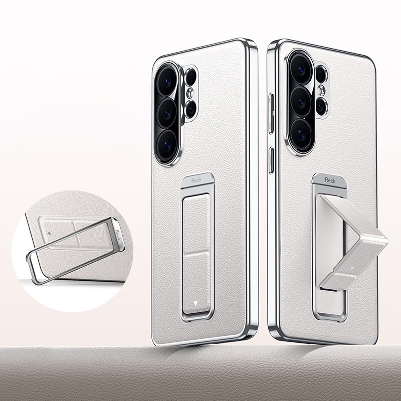 For Galaxy S26 Ultra 5G Metal Holder Foldable Wristband Precise Cutout Vegan Leather Phone Case - White - EDA009680904D