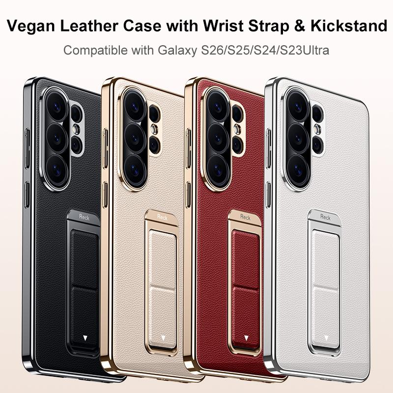 For Galaxy S25 Ultra 5G Metal Holder Foldable Wristband Precise Cutout Vegan Leather Phone Case - Titanium Gold - EDA009680903C