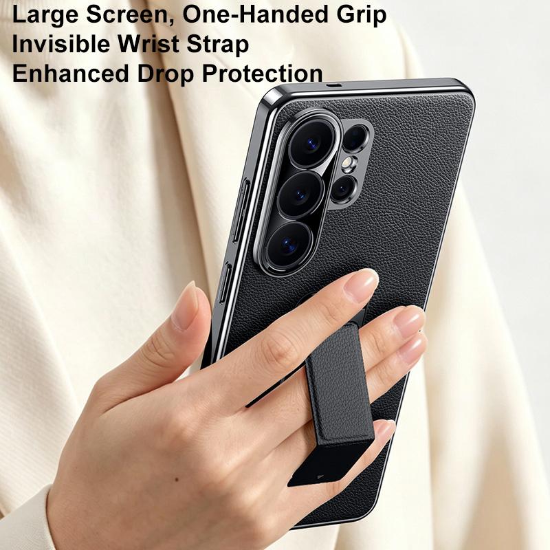 For Galaxy S25 Ultra 5G Metal Holder Foldable Wristband Precise Cutout Vegan Leather Phone Case - Titanium Gold - EDA009680903C