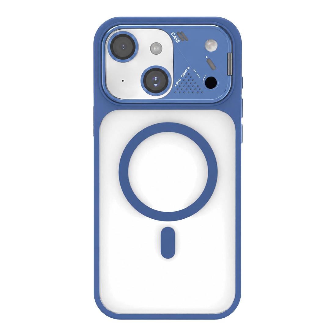 For iPhone 14 Metal Lens Kickstand PC Hybrid TPU Magnetic Phone Case - Blue - EDA009682114E