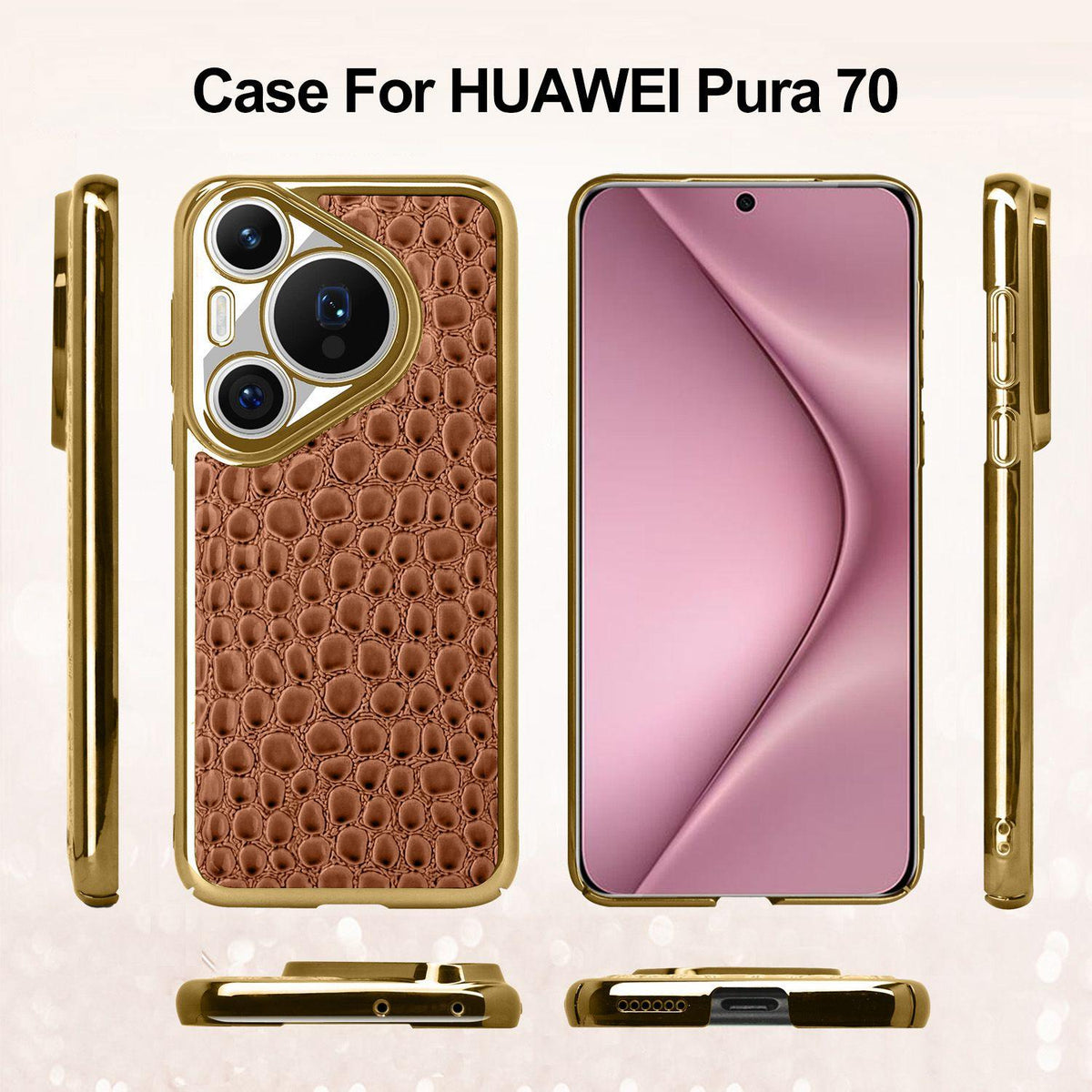For Huawei Pura 70 Pearl Crocodile Texture Electroplated Frame PC + Vegan Leather Phone Case - Dark Brown - EDA009690219B