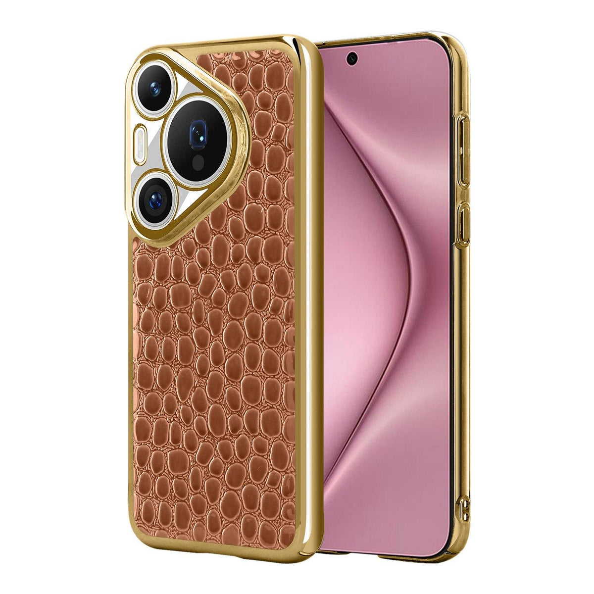 For Huawei Pura 70 Pearl Crocodile Texture Electroplated Frame PC + Vegan Leather Phone Case - Brown - EDA009690219E