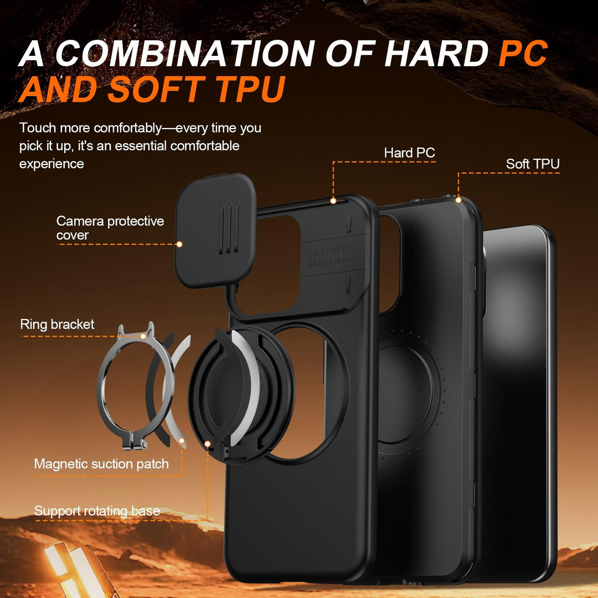 For OPPO Reno14 F 5G Camera Sliding Shield Magnetic Rotation Holder Phone Case - Black - EDA009691203A